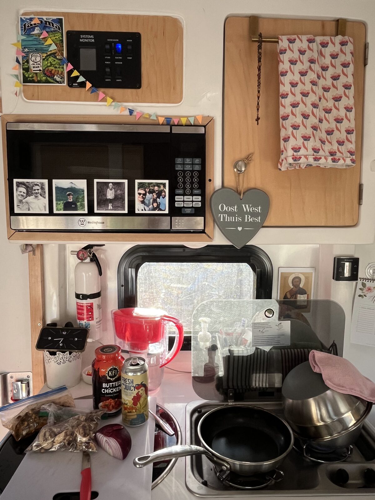 The caravan kitchen, packed for seven weeks.